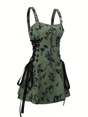 Goth Skull Print Corset Lace Up Mini Dress 1XL Witchy Grunge Aesthetic
